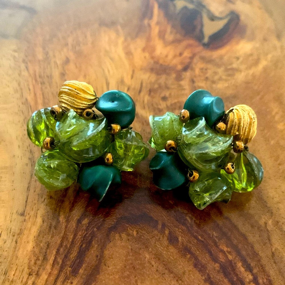Vintage West Germany Clip-On Earrings Green Bauble Faux Gold Tone